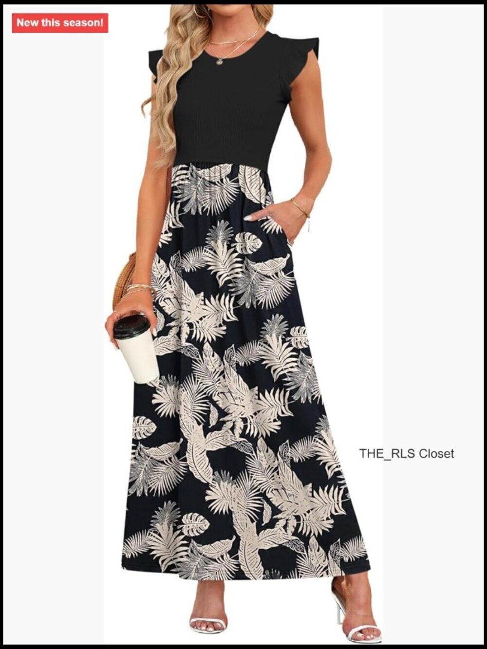 Ruffle Sleeve Maxi Dress with Pockets Ribbed Fabric Casual Long Dress